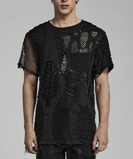 Men's Punk Stitching Mesh Ripped T-Shirt