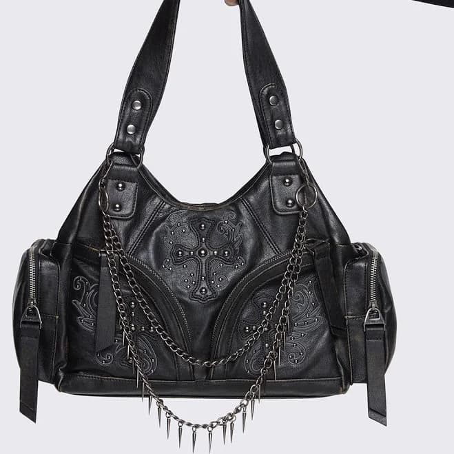 Grunge Energy Vegan Shoulder Bag with Studded Cross