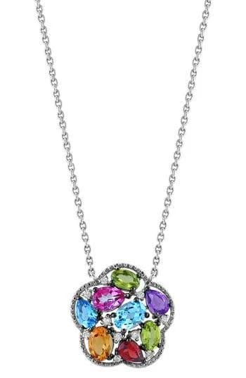 EFFY Sterling Silver Multi-Gemstone Flower Pendant Necklace