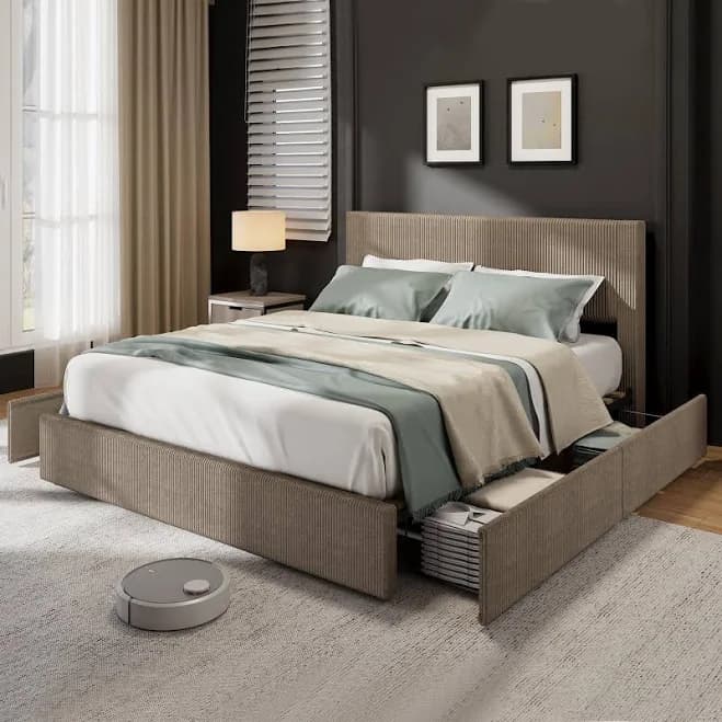 Tufted Wingback Headboard Platform Corduroy Upholstered Bed Frame with 4 Storage Drawers