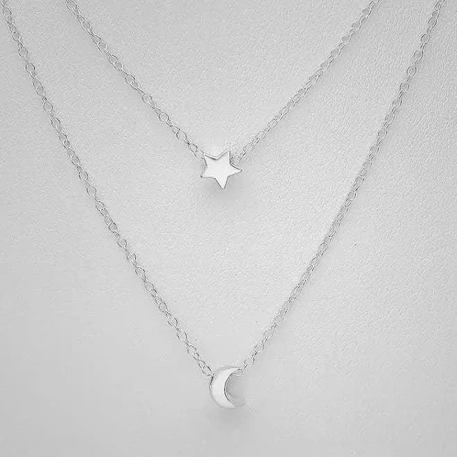 925 Sterling Silver Layered Moon and Star Necklace