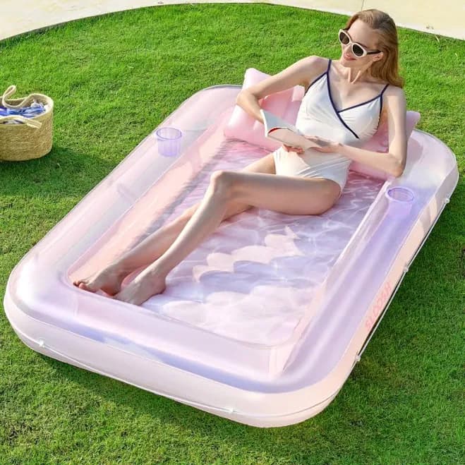 Sloosh Inflatable Tanning Pool Lounger Float 70" x 46" Large Suntan Tub with Pillow