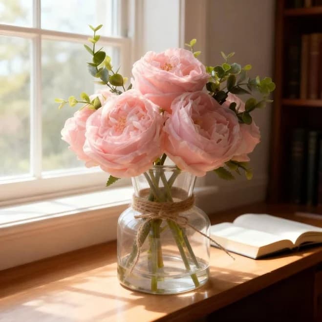 Artificial Pink Roses in Glass Vase with Faux Water