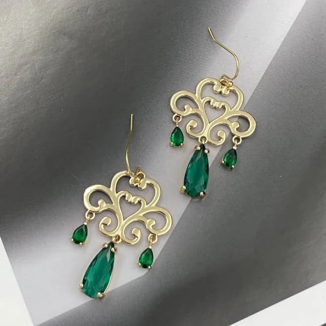 Ornate Gold Filigree Dangle Earrings with May Birthstone