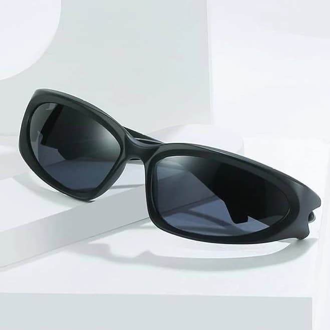 Silver Frame Dark Black Lens Sunglasses Wrap Around Street Trendy Wear