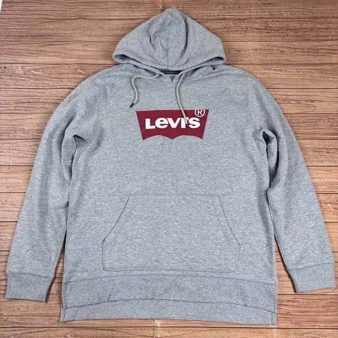 Levi's Levis Gray Hoodie With Red Logo Graphic Pullover Style Casual Fit Size Large. - New Men | Color: Gray/Red | Size: L