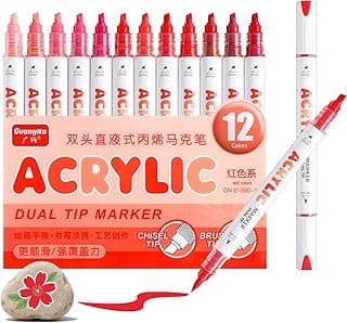 12 Colors Dual Tip Acrylic Paint Markers, Red Color — Extra Fine & Soft Brush Pen Set with Direct Ink Flow for Sketching, Detailing, Coloring on Wood, Canvas, Rock, Glass, DIY Crafts