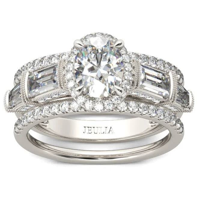 Jeulia Halo Oval Cut Sterling Silver 3pc Ring Set