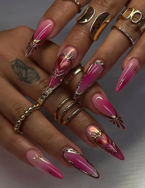 Handmade Glamorous Hot Pink Ombre Gold Chrome Sacred Heart Fake Nails