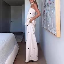 Linen Polka Dot Off The Shoulder Tube Top Sets Wide Leg Long Pants Suit Streetwear Summer Women (White,Small) at Amazon Women's Clothing store