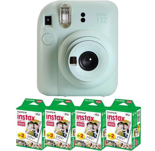 FUJIFILM INSTAX MINI 12 Instant Film Camera (Mint Green) + 4x Fujifilm 2x10 Film Mini Instax Film Pack