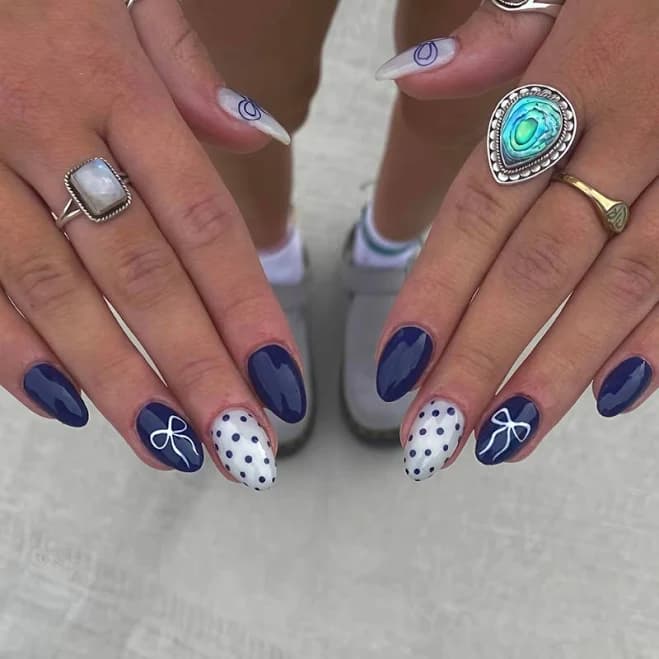 Nails press on acrylic, Polka dot nails, 48pcs pressing nails short round dark blue bow sweet and lovely exquisite wind aesthetic wave, Round nails,