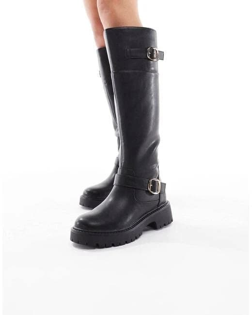 London Rebel Wide Fit Olivia Chunky Knee Boots with Buckle Detail