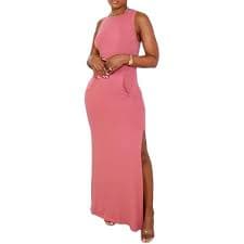 Mozgalz Women Elegant Solid Sleeveless Slit Maxi Dress Round Neck Bodycon Sexy Party Clubwear Casual Pink Tank Dress with Pocket at Amazon Women's Clothing store