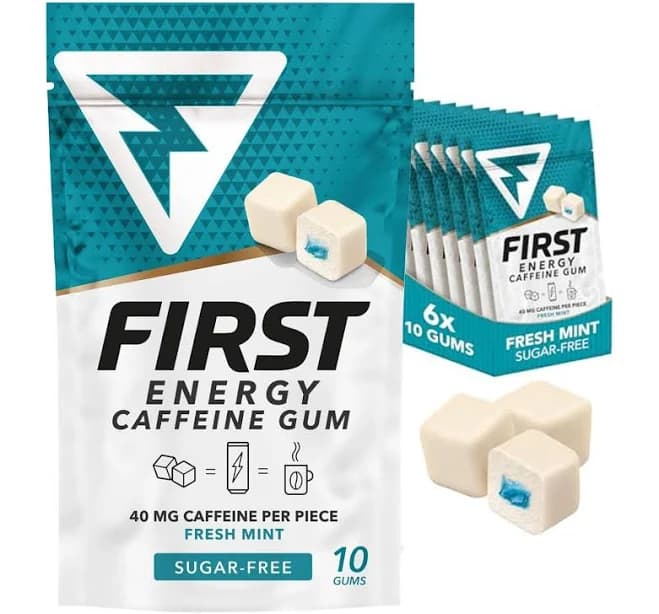 FIRST ENERGY GUM Caffeine Gum Booster, Sugar-Free, Fresh Mint Flavor, 6 Pack of 10 Pieces