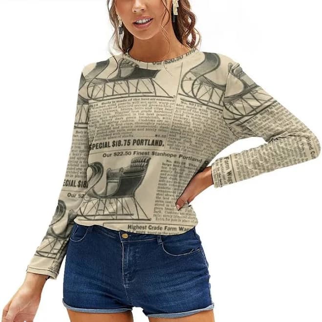 Newspaper Lady Long Sleeve Round Neck Digital Newsprint T-Shirt
