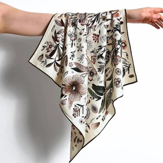 stillsilk Wool Silk Botanical Shawl Scarf, Flower Print Neckerchief 65x65cm Bandana Wrap, Pure Mulberry Silk Blend Soft Square Scarf for Women