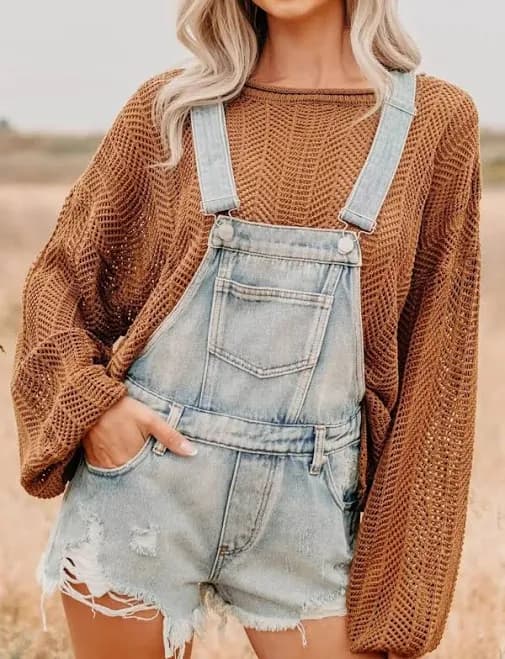 Distressed Denim Overalls Shorts