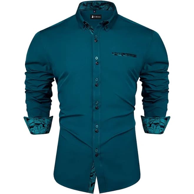 Ties2you Deep Teal Shirt Floral Splicing Long Sleeve Silk Shirt