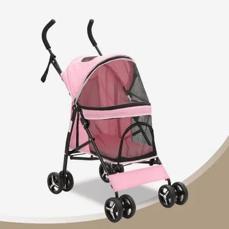 Bezt Pink Foldable Dog Stroller with Adjustable Canopy and Breathable Pet Travel Harness