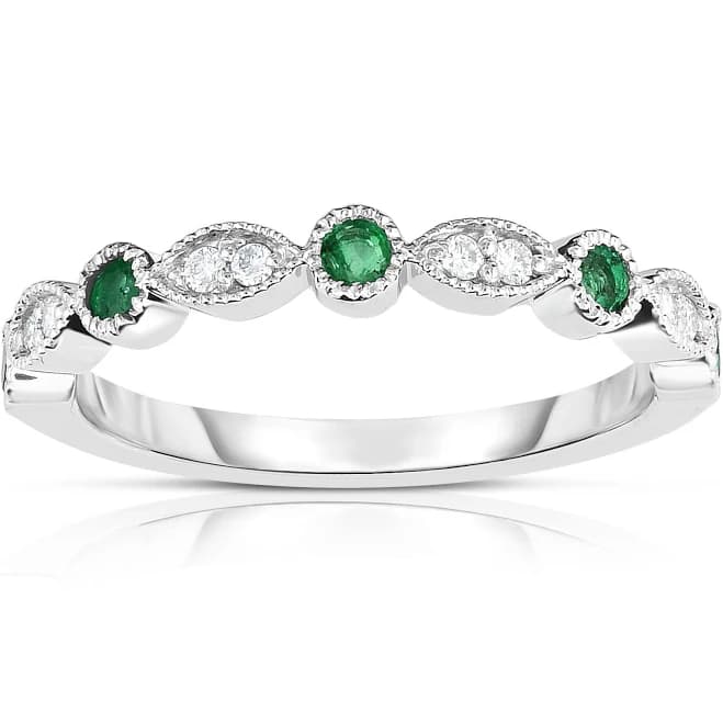 Gemstone & 0.08Ct Diamond Stackable Milligrain Ring in 14K White Gold