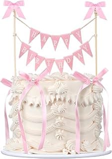 Honeydak 11 Pcs Pink Bow Ribbon Cake Topper Happy Birthday Cake Bunting Topper with Wood Pole Handmade Pennant Flags with Bows Ribbon for Birthday, Bridal Party Decoration