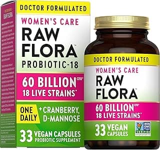 Raw Flora Women's Probiotics | Dr. Formulated 60 Billion CFU + Prebiotics | Digestive, Vaginal & Urinary Support | 33 Vegan Capsules with Cranberry & D-Mannose | Shelf Stable