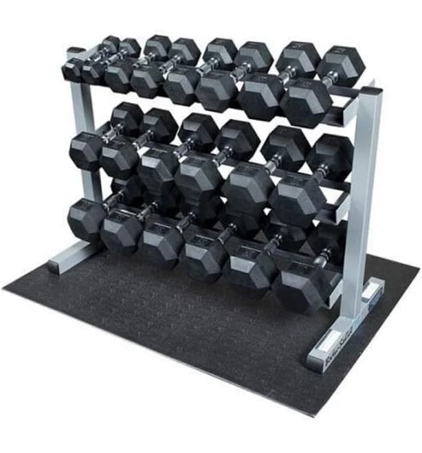 Body- Solid 5-50lb Rubber Hex Dumbbell Set with 3-Tier Rack and Rubber Mat