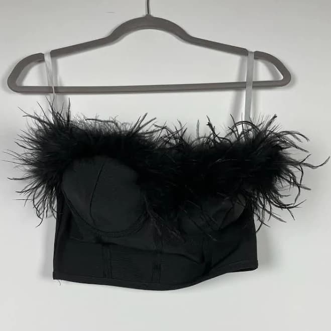 Superdown Ramona Bustier Strapless Feather Trim Corset Crop Tank Top