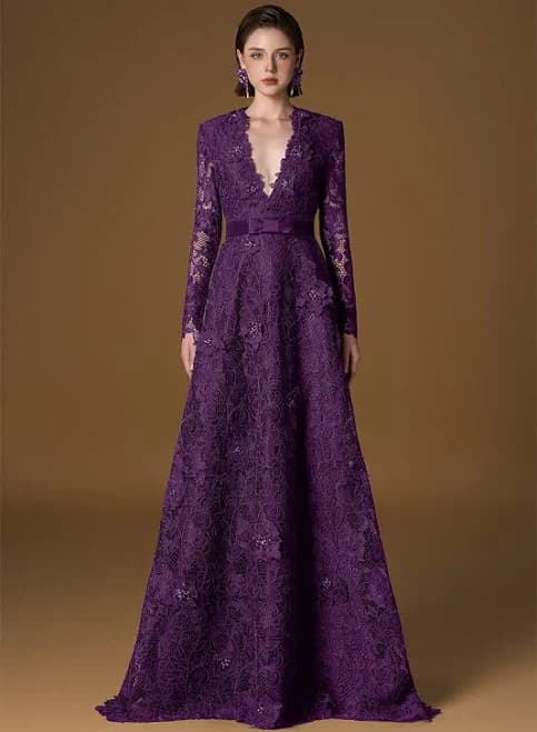 V-Neck A-Line Guipure Lace Gown with Long Sleeves