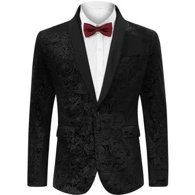 Clearlove Men's Velvet Mandarin Collar Blazer with Gold Embroidery
