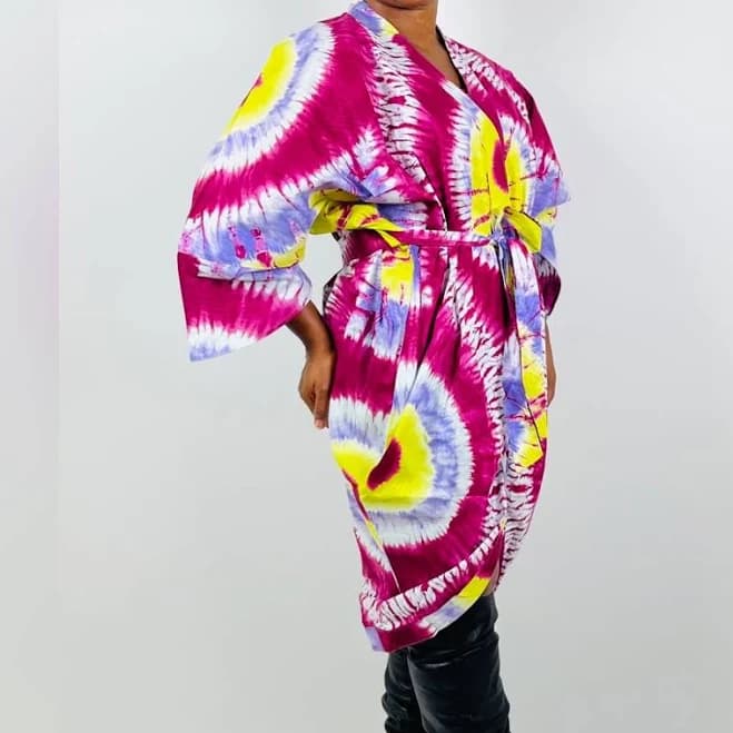 African Print Tie Dye Belted Midi Shirt Dress