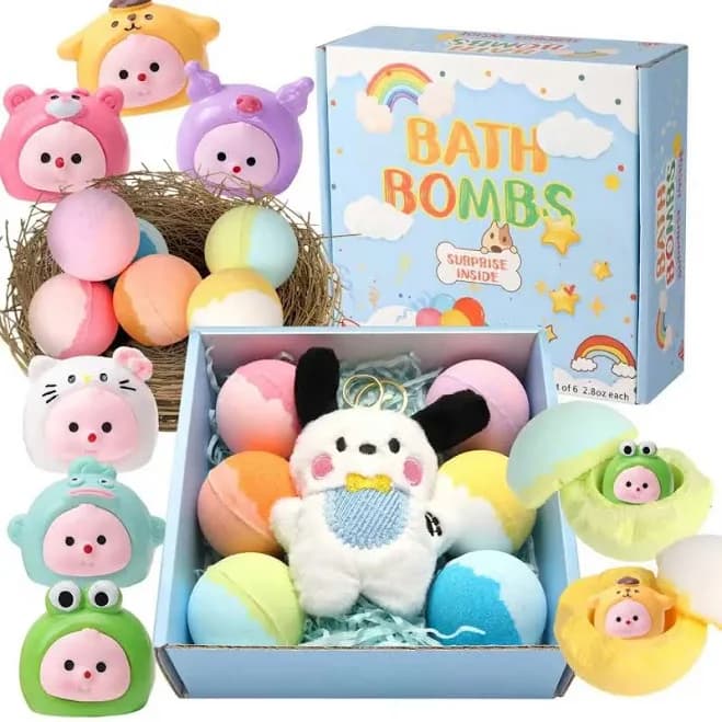 6pcs Bath Bomb Gift Set - Bath Additive With Surprise Christmas Gifts Egg Shell Toys, Plush Doll Accessories for Kids - Perfect for Celebration and
