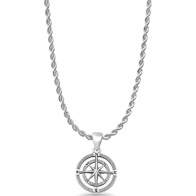 Compass Pendant Oxidized Rope Chain Necklace 925 Sterling Silver