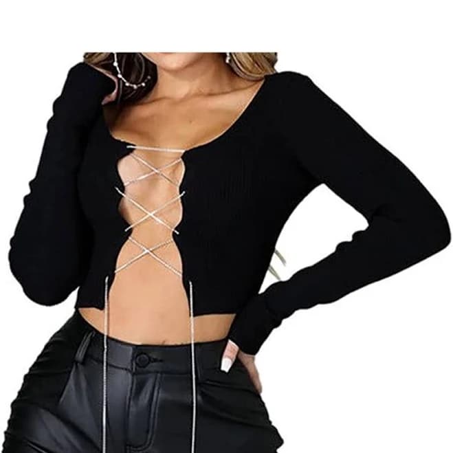 Fashion Nova Tops | Women Sexy Cross Metal Chain Crop Top Hollow Out Tee For Rave Party Clubwear | Color: Black | Size: M | F_Fav's Closet