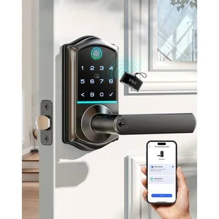 Veise Fingerprint Keyless Entry Smart Lever Lock, App Control Electronic Touchscreen Keypad, Ip55 Weatherproof, Aluminum Metal Matte Black, Size: 5.9