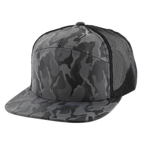 Kamel K707 100% POLYESTER CAMO 7 Panel Flat Adjustable Snapback Mesh Trucker Cap CHARCOAL CAMO/BLACK