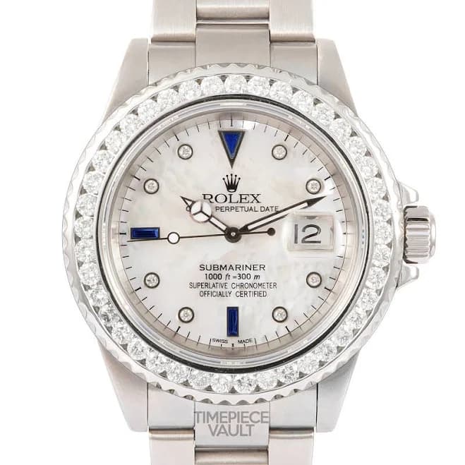 Rolex Men Submariner 16610 Steel 40mm Watch 3ct Diamond Bezel White
