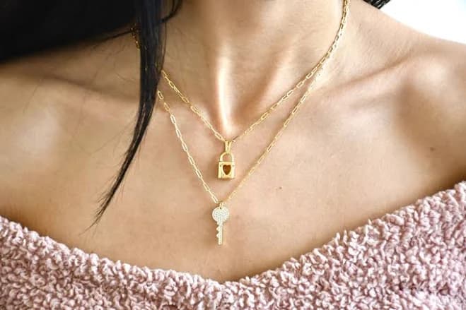 Layered Gold Heart Cubic Zirconia Lock Pendant Necklace