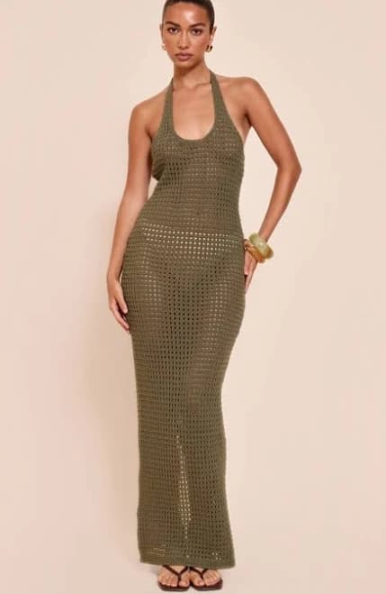 PrettyLittleThing Women's Crochet Halter Maxi Dress