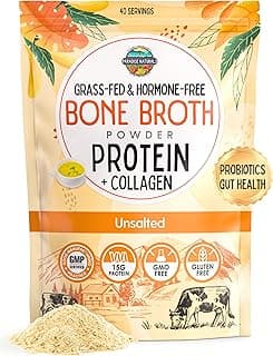 100% Grass-Fed Natural Beef Bone Broth Powder + Active Probiotics, Collagen, 15g Protein, Non-GMO, Low Sodium, Gut Health, Paleo, Keto, Gluten-Free, for Healthy Skin, Hair, Joints