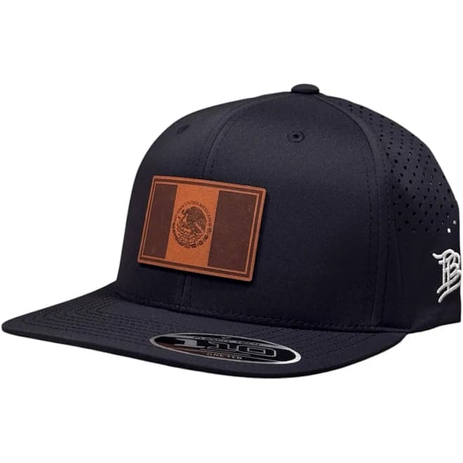 Black Flat Bill Performance Cap - Leather Mexico Flag OBBMEX01