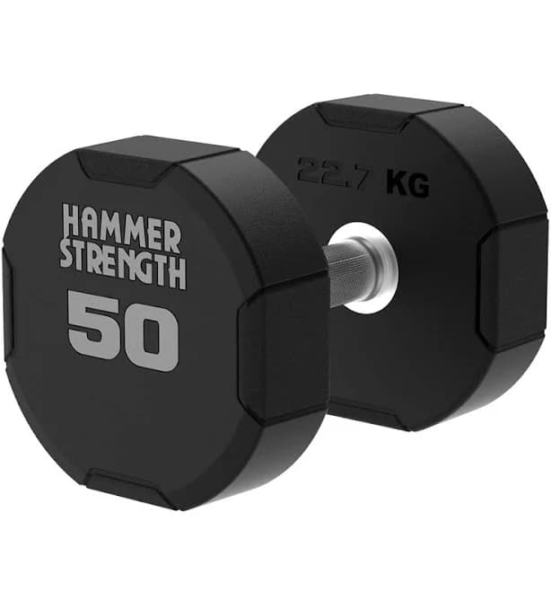 Singles (Sold Individually) / 110 LB Hammer Strength 4-Sided Urethane Dumbbells | High Quality Neoprene & Rubber | Life Fitness