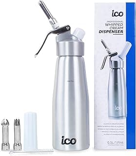 ICO Professional Aluminum Whipped Cream Dispenser for Whipping Cream, Desserts, Dips, & Sauces, Whipped Cream Maker with Stainless Steel Nozzles, Use with Whip Cream Charger, Silver, 1-Pint