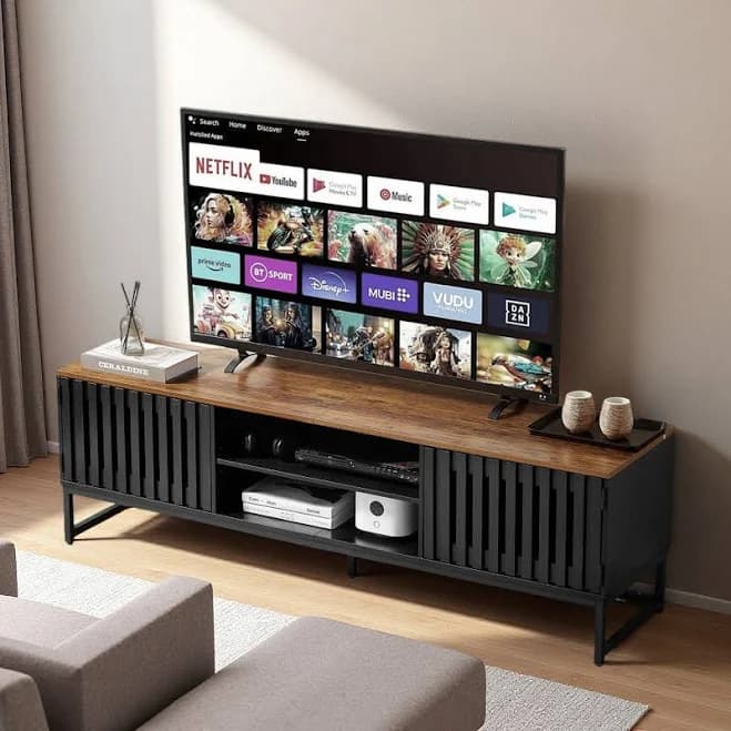 63" Modern TV Stand with Slatted Doors, Media Console, Storage Shelves, and Metal Legs
