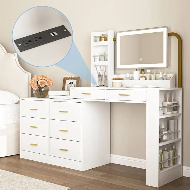 Makeup Vanity Desk with Mirror, LED Lights, Golden Handles, Open Storage Spaces, White Vanity Table