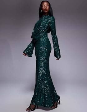 ASOS DESIGN All Over Sequin Long Sleeve Wrap Front Maxi Dress