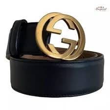 Authentic Gucci Black Calfskin Leather Gold Interlocking G Buckle Belt 80/32