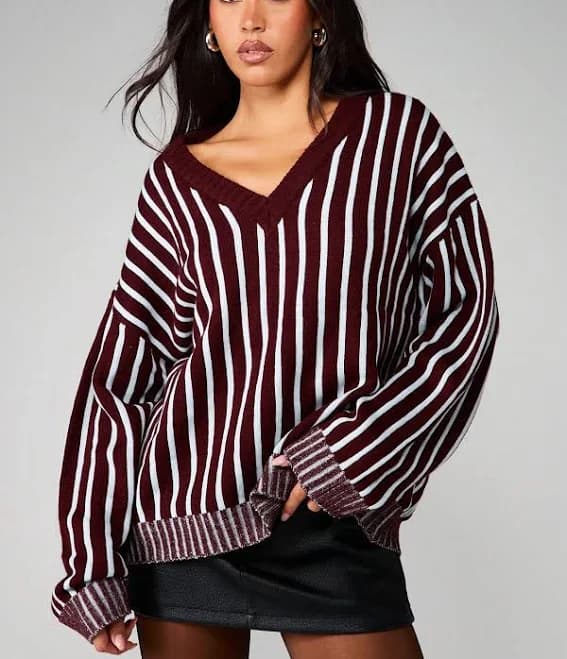Missguided Oversized V-Neck Striped Knit Sweater