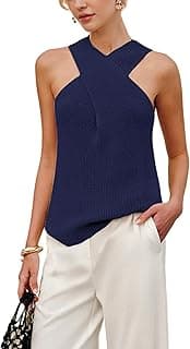 Women Halter Cross Over Collar Tank Knit Sleeveless Top Solid Color Casual Summer Blouse